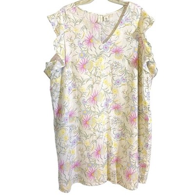 Joie $100 3X White Pastel Pink Blue Floral Shift 100% Linen Flutter Sleeve Dress