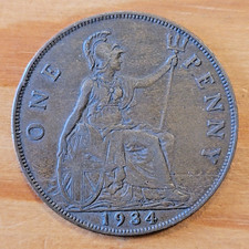 1934 King George V Penny 1d coin - Good F