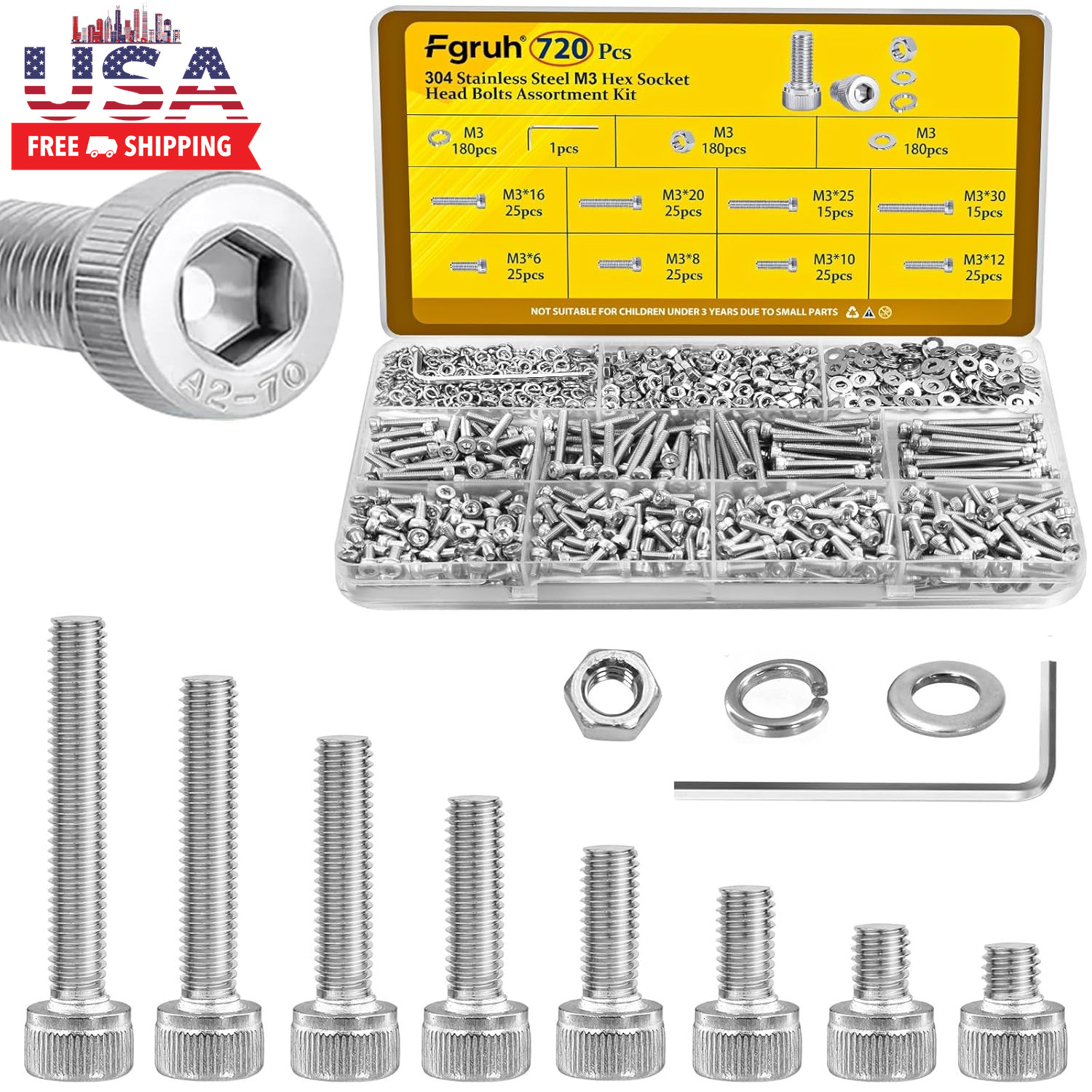 720Pcs M3 Screws Assortment Kit, Hex Socket Head Cap Bolts, Nuts & Washers Assor