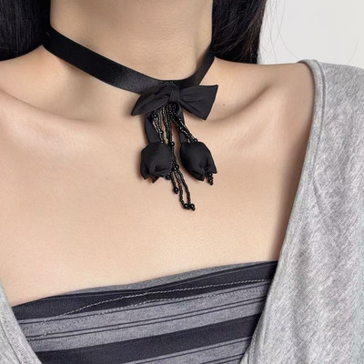 Black Gothic Ribbon Choker Necklace Bow Pendant Adjustable Tie Closure