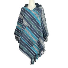 GYPSY ROSE Mexican Poncho Nepal Striped Texture Fringe Hippie Hood Pocket OS