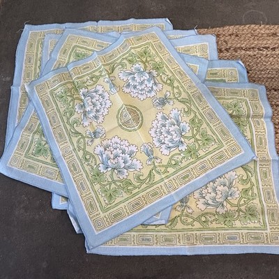 Vintage Lot 8 Cotton Green Yellow Blue Floral Napkins Greek Key 15x16 