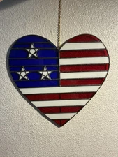 Handmade Stained Glass Suncatcher XL Heart American Flag Patriotic Decor 11”