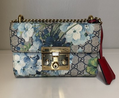Authentic Gucci GG Supreme Blooms Padlock Small Shoulder Bag Blue Floral Print