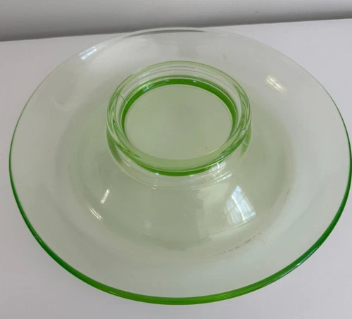 Antique Green Depression Uranium Glass Console Serving Bowl Chip&Dip-11" x 2.5"