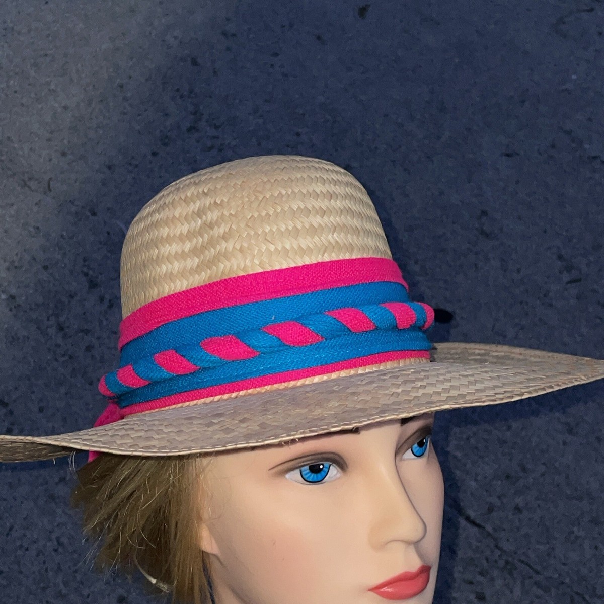 Helen Kaminski Sun Raffia Straw Hat Natural Braid Blue Pink 