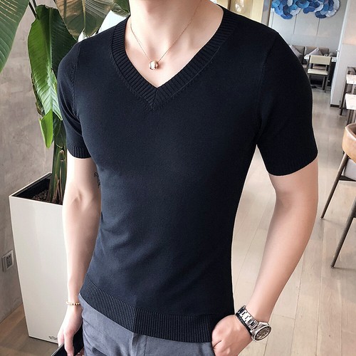 Men's Fashion Ice Silk Knitted V-neck Thin Fashion Slim Short Sleeve T-shirt - Picture 17 of 44