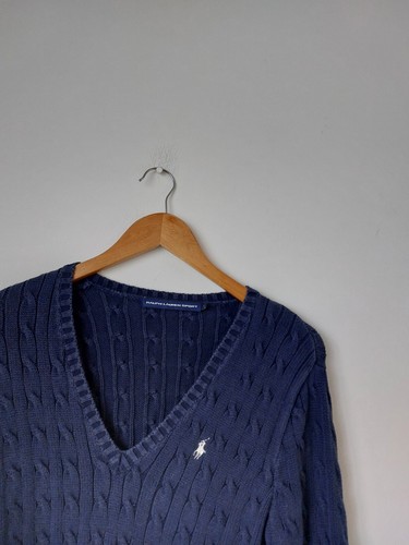 Ralph Lauren Cable Knit V Neck Navy Blue Jumper Size L UK12 - Picture 2 of 6