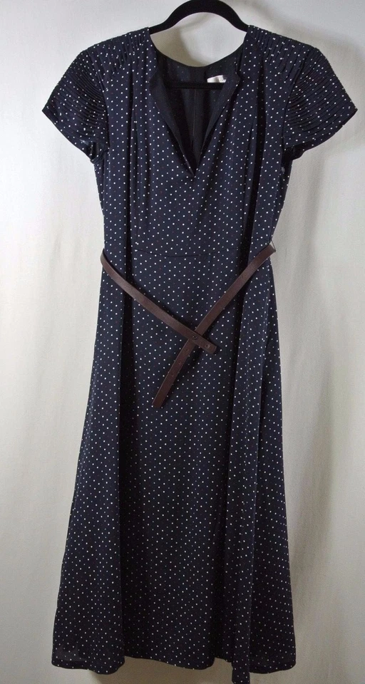 Nuevo Vestido Nordstrom Signature Estampado de Lunares Sarga de Seda con Cinturón - Azul Marino EE. UU. 0 #D394 Foto 3 de 4