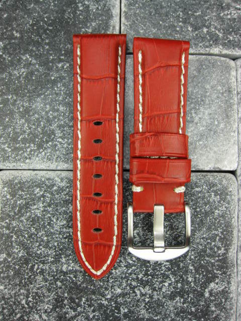 Bracelet Cuir 24mm à Grain Crocodile – Couleur Orange/rouge – Compatible Panerai