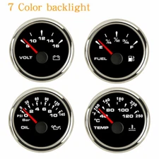 52mm 4 Gauge Set Fuel Oil Pressure Volts Water Temp 7 Colors LED Black USA STOCK