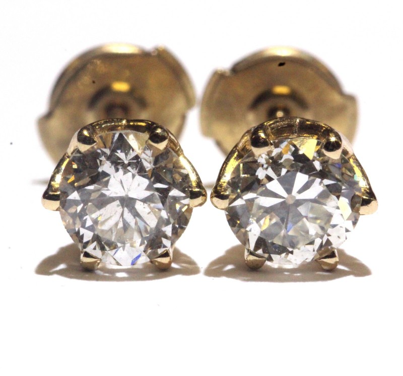EGL GIA 14k yellow gold 1.42ct SI2 SI1 G J round diamond 6 prong stud earrings