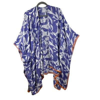 Kimono Cardigan Wrap Boho Abstract Floral Print OS Blue White w/ Orange Trim