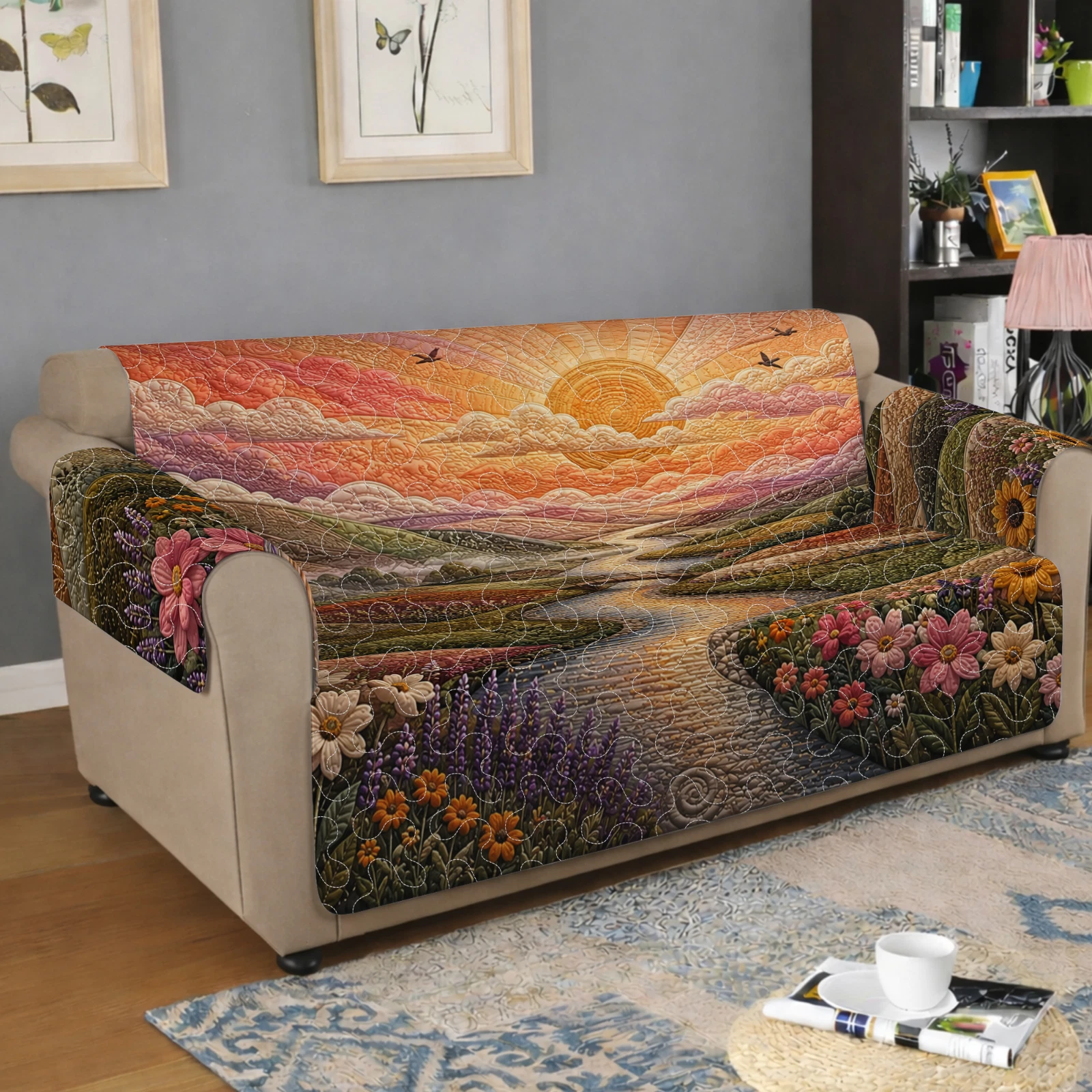 Quilted Sofa Cover, Vibrant Sunset River Landscape Flower Meadow Couch Protector