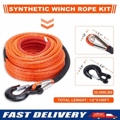 SPARKWHIZ 1/2''x100ft 32000lbs Synthetic Winch Line Rope Cable Kit For SUV UTV US