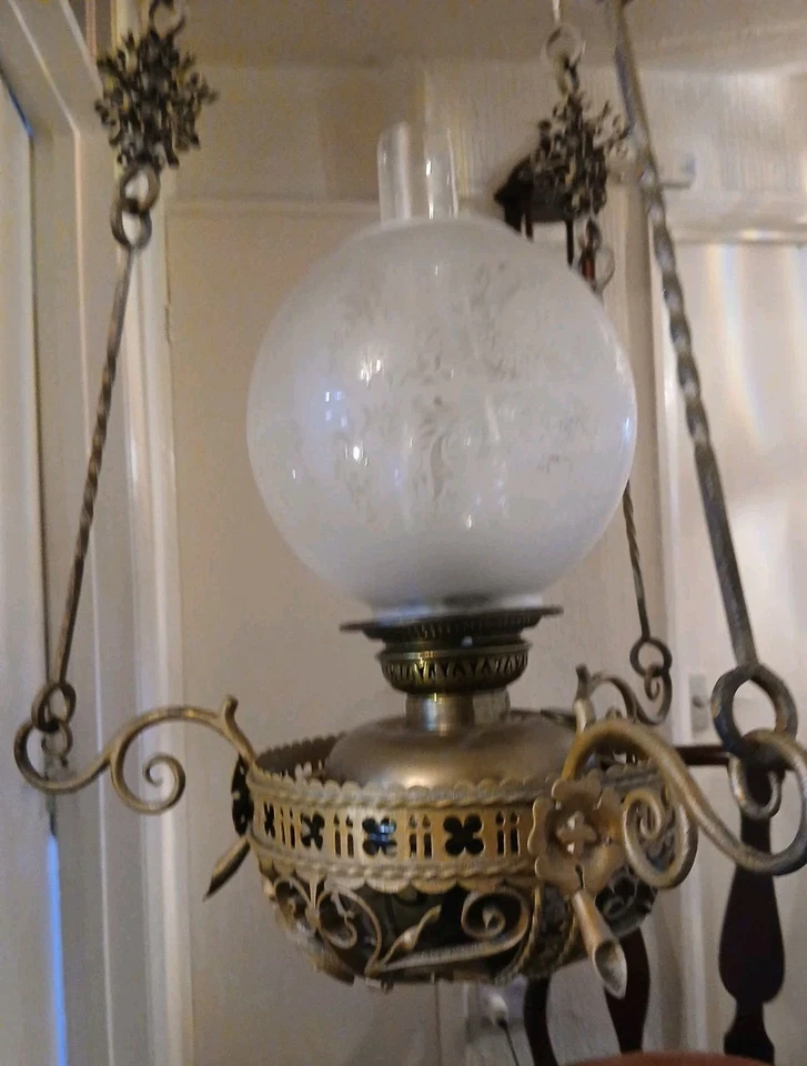 Large Antique Hanging Cast Iron Oil Lamp Chandelier Art Nouveau Victorian - Image 3 of 4