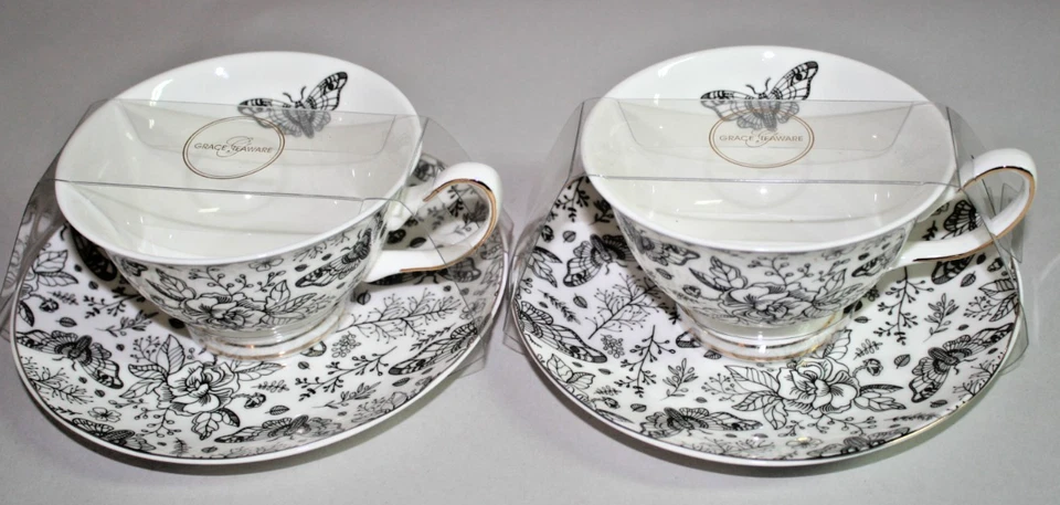 Grace Teaware Tea Cups & Saucers Set of Two, Black Floral Gold Accent New - Image 3 of 3