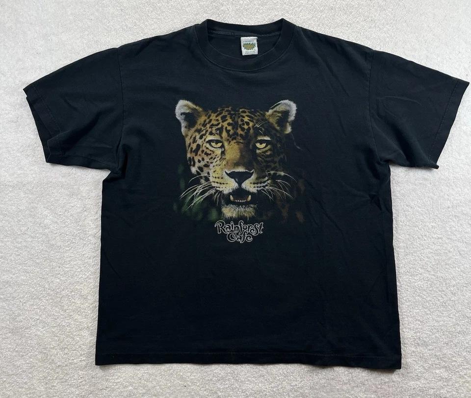 Camisa Café Selva Tropical De Colección Para Hombres L Negra Jaguar Naturaleza Selva Brilla Años 90 Y2K Foto 3 de 4