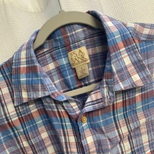 Jos. A. Bank Mens 100% Linen Blue Plaid Shirt. Large Preppy Classic Summer