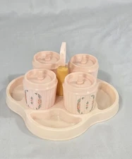 Vtg Baby Nursery Organizer Vanity Plastic Jar Canister Tray Set Gift Pink Flower