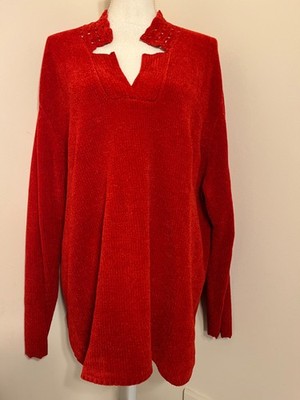 Vtg White Stag Womens Red Sweater 22W/24W Velour Lace Collar Soft Stretch Plus