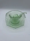 Green Etched Depression Glass Mayonnaise Pedestal Bowl with Etched Glass Ladle