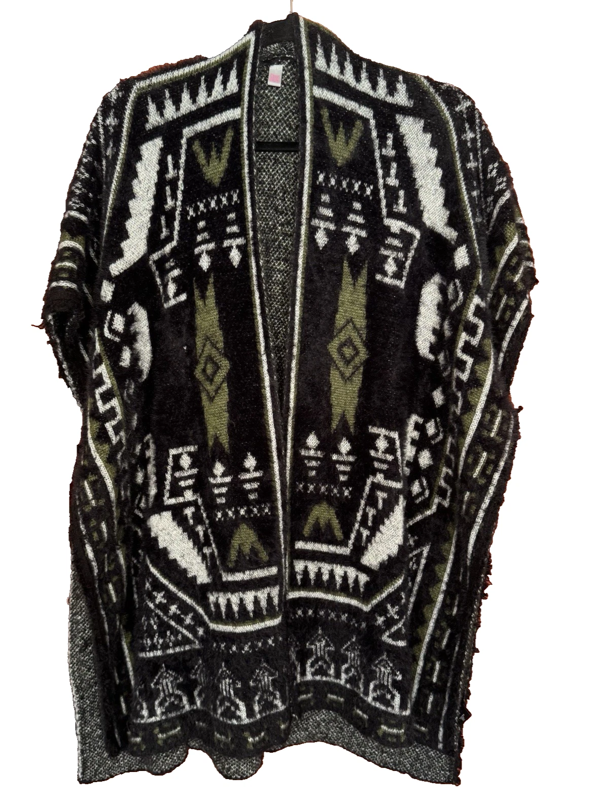 Aztec Cardigan Poncho Women 1 Size Linen Wool Blend Boho Green Black Wrap Shawl