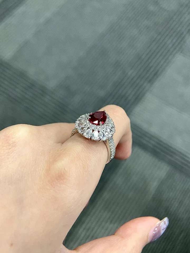 10K White Gold 7CT Pear Cut Lab Created Ruby Halo Diamond Floral Engagement Ring - Image 4 of 4