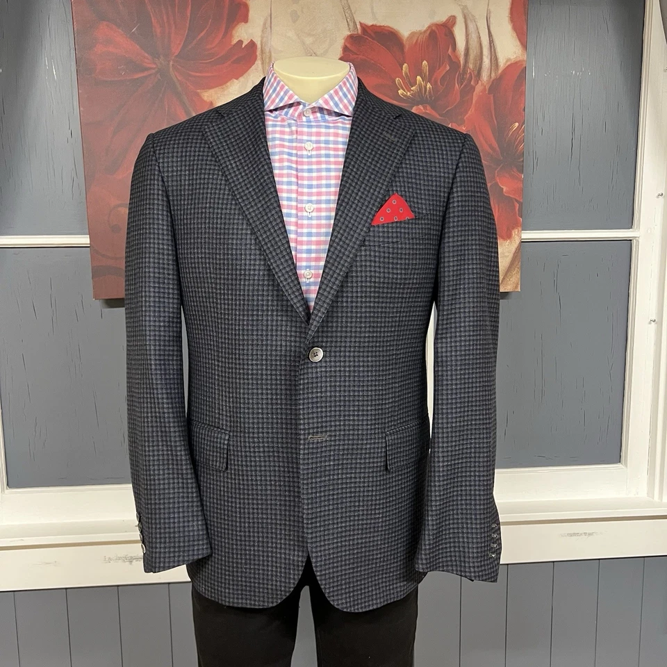 Blazer masculino Corneliani lã cashmere 44R azul marinho/cinza/preto punhos de trabalho flanela - Imagem 2 de 4