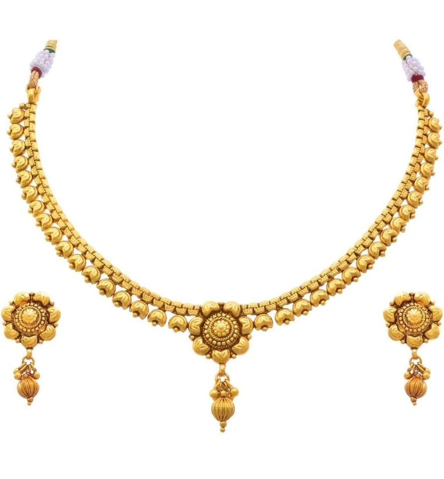 Conjunto de joyas de templo collar gargantilla aretes chapado en oro estilo Bollywood indio Foto 2 de 3