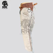 Horse riding Leather Cowboy Western Rodeo Chaps with Fringe & Tooled Yoke