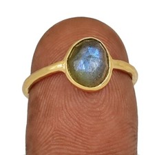 18k Gold Vermeil - Natural Labradorite - Madagascar 925 Silver Ring s.6 CR72828