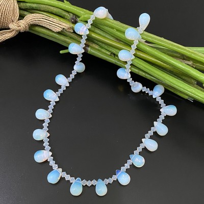 Opalite Teardrop Top Drilled Beaded 18  Necklace W/ Sterling Silver Clasp 32g.
