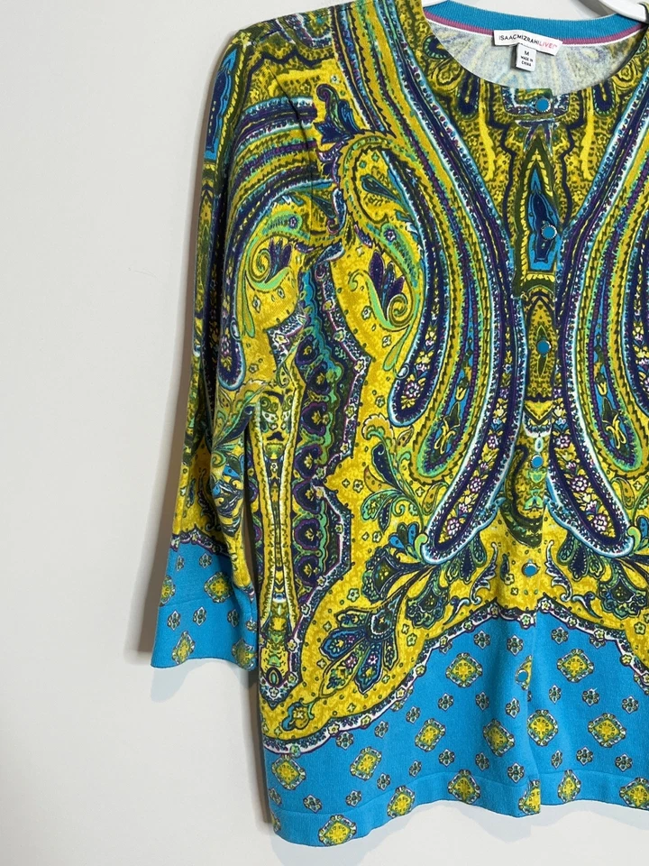 Suéter Isaac Mizrahi Mujer Cárdigan Mediano Tejido Top Paisley Azul Amarillo Trabajo Foto 2 de 4