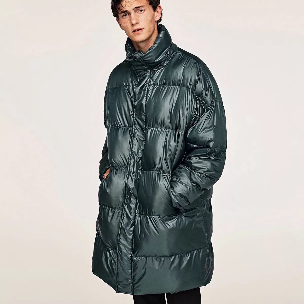 Zara Man Men's M Puffer Jacket Green Oversized Convertible Hood  4604/312/501 NEW