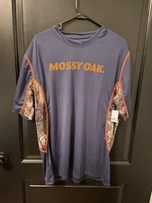 NEW - Mossy Oak Mens Dri-fit Tee Shirt Navy Blue with Camo Short Sleeves Large