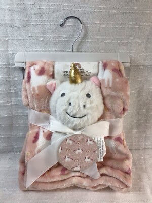 Manhattan Baby Unicorn Blanket & Lovey Rattle Toy Set Girls Plush Rainbow Pink