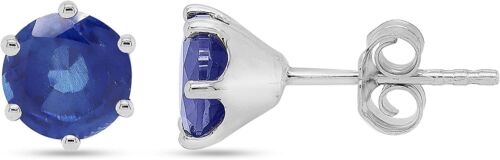 6.5mm Round Simulated Sapphire Solitaire Stud Earrings in 14K White Gold Over