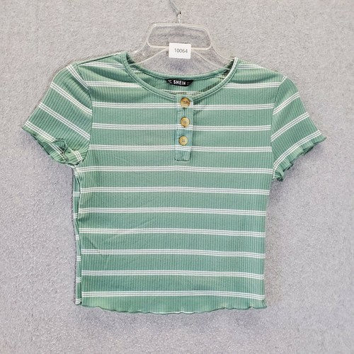 Shein Women Shirt Green Stripe Henley 