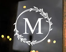 Monogram Letter in Wreath Vinyl Decal V6 | Initial Family Name | Die Cut Sticker