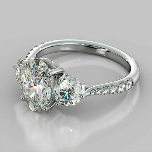 Oval & Round Cut 3.40Ct Diamond 14K White Gold Bridal Ring Set Simulated Size 7 - Picture 4 of 7