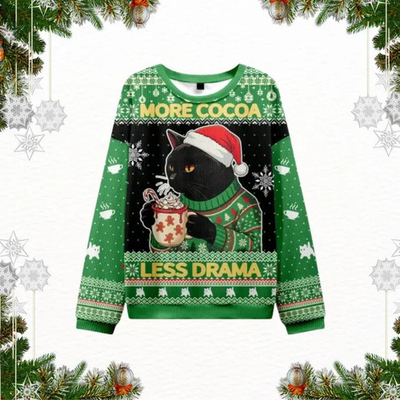 #ad Black Cat Hot Cocoa Ugly Christmas Sweater quot;More Cocoa Less Dramaquot; Jumper Unisex $39.93