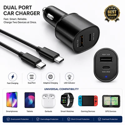 Dual USB Car Charger 45W USB C PD Fast Charge Adapter for iPhone Android GPS - Image 1 of 4