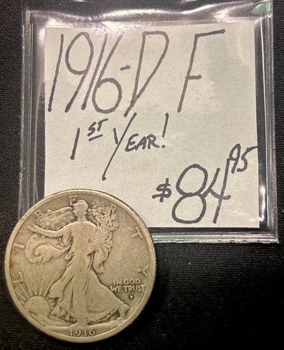 1916-D Walking Liberty Silver Half Dollar (F) Fine Condition 1st Year! ENN Coins