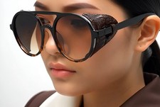 Men Women's Sunglasses Fashion Steampunk Gothic Goggles Retro Leather Side Round