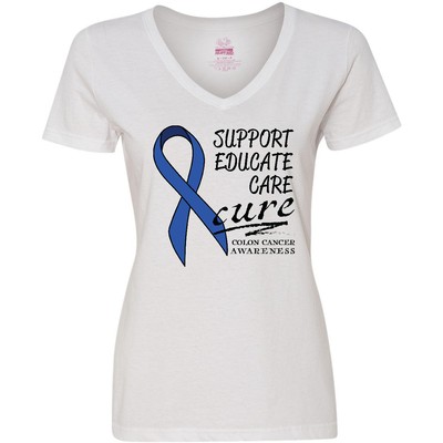 Inktastic Support, Educate, Care, Cure Colon Cancer Women's V-Neck T-Shirt Royal