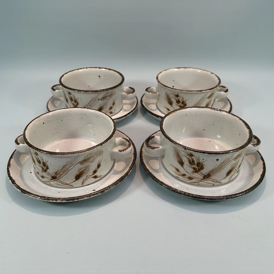 Vintage Midwinter Stonehenge Wild Oats 4 Handled Soup Bowls & Saucers 70's Retro - Image 4 of 4