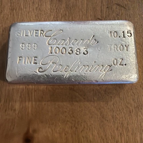 Vintage Cascade Refining Silver Bar 10.15Oz .999 Fine Silver Rare Less Than 1500