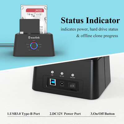 WAVLINK Docking Station Hard Disk, Dual-Bay Dock Station USB 3.0 to SATA I/II/III, per HDD e SSD da 2,5'' e 3,5'' con Clonazione Offline, Supporto UASP SATA 5Gbps 2x16TB