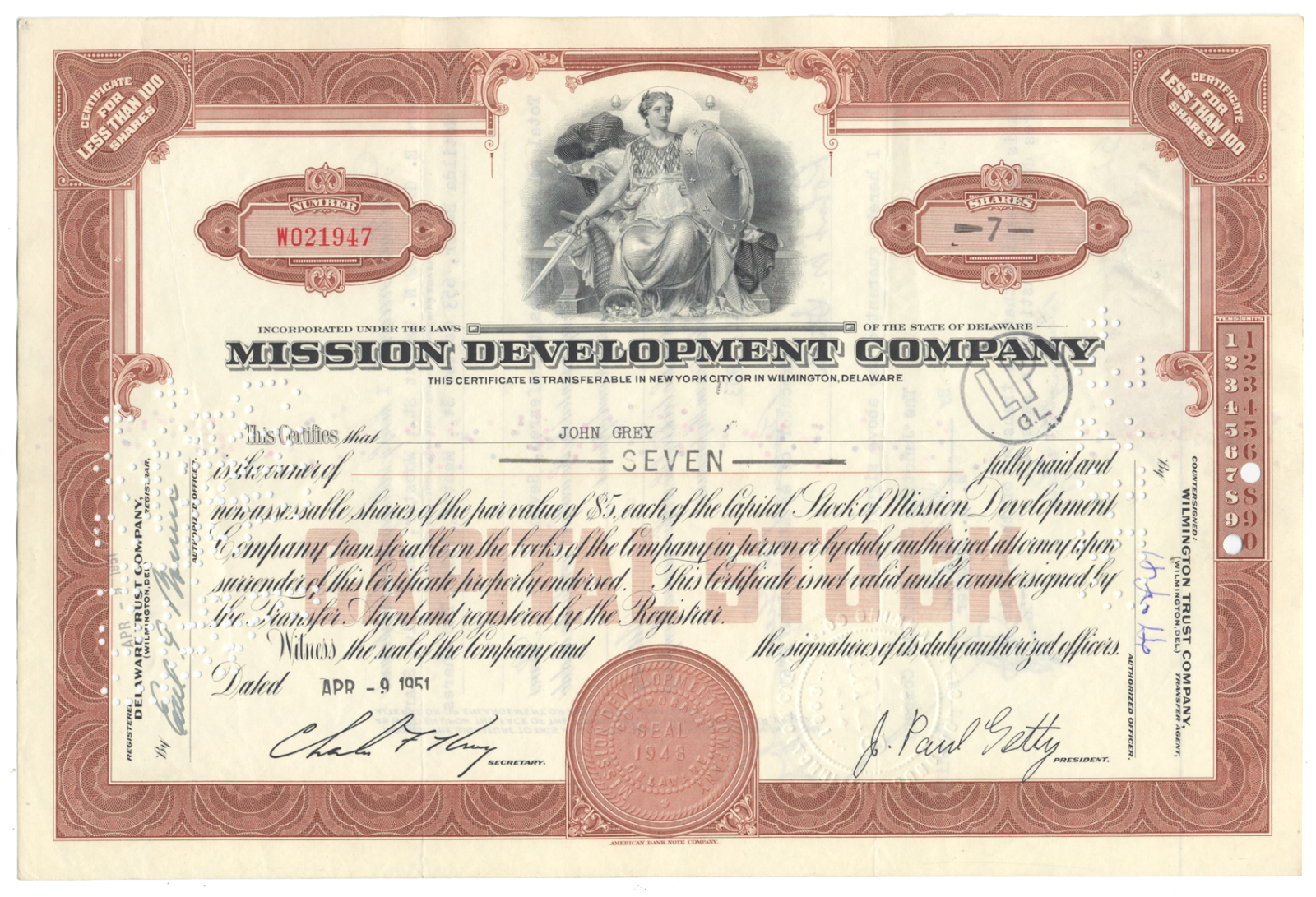 Mission Development Company Stock Certificate (Became Getty Oil)